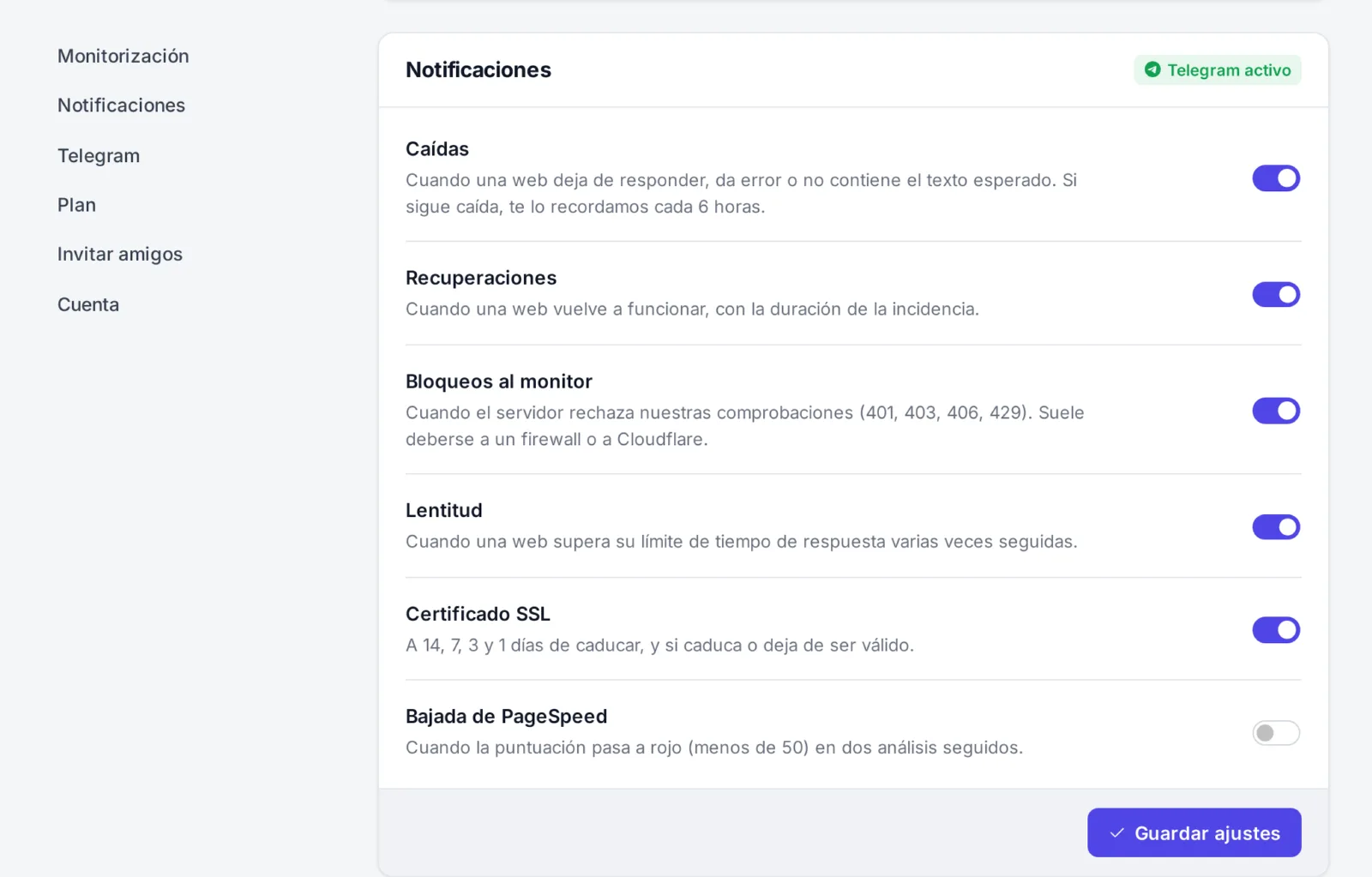 Pantalla de ajustes de notificaciones con un interruptor por tipo de aviso