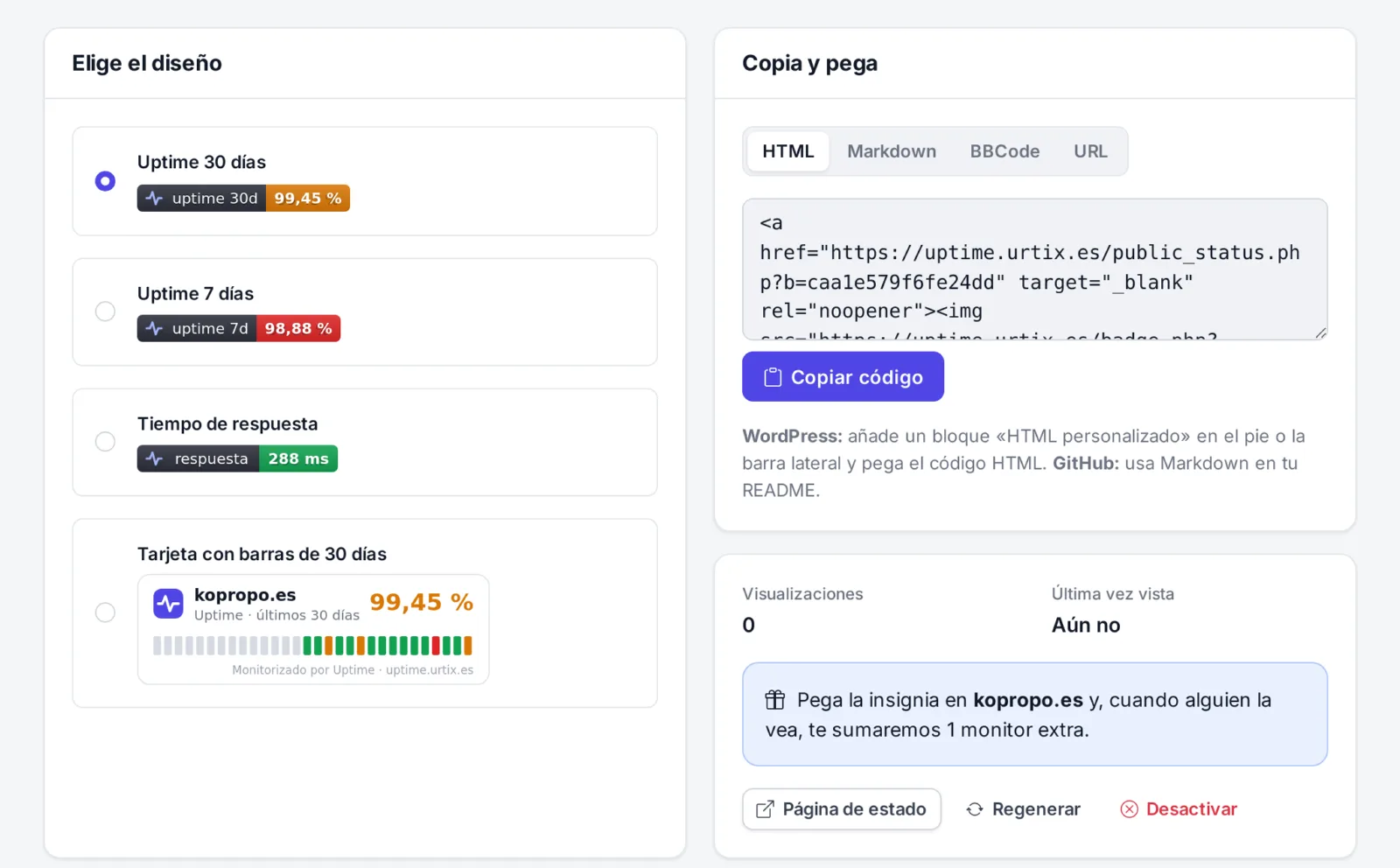 Pantalla para elegir el diseño de la insignia de uptime y copiar el código