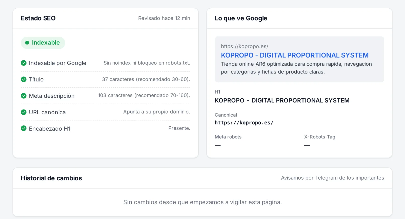 Estado SEO de una página: indexable, título, meta descripción, canonical y H1, con vista previa del resultado en Google